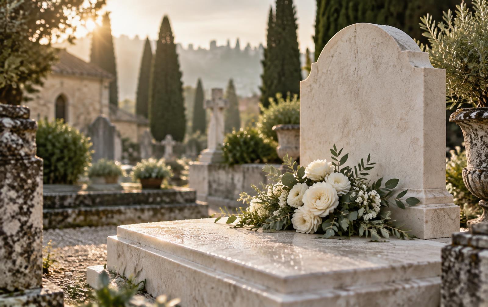 Sépulture en pierre claire fleurie de roses blanches dans un cimetière au lever du jour